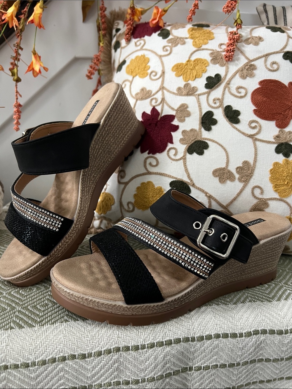 NWOT- Black Rhinestone Buckle Wedge Sandals - Women